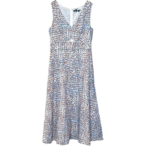 THEORY Abstract Print A-Line Sleeveless V-Neck Cut-Out Cocktail Midi Dress NEW - Picture 12 of 15